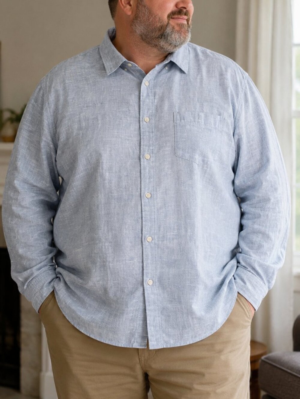 Mutual Weave Shirt Mens Long Sleeve XXL linen blend blue shirt button down